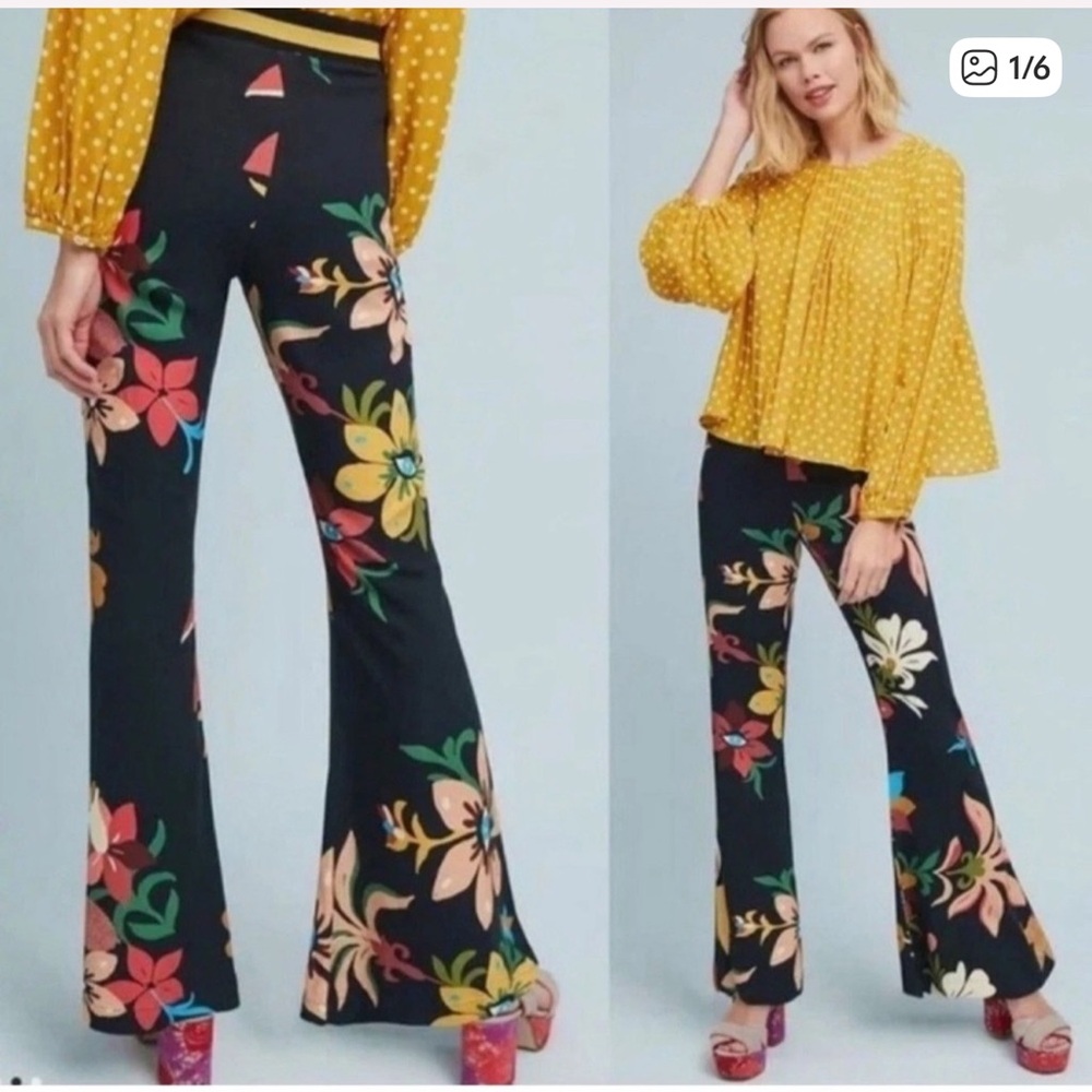 Farm Rio Calla Floral Print Black Flared Pants Small